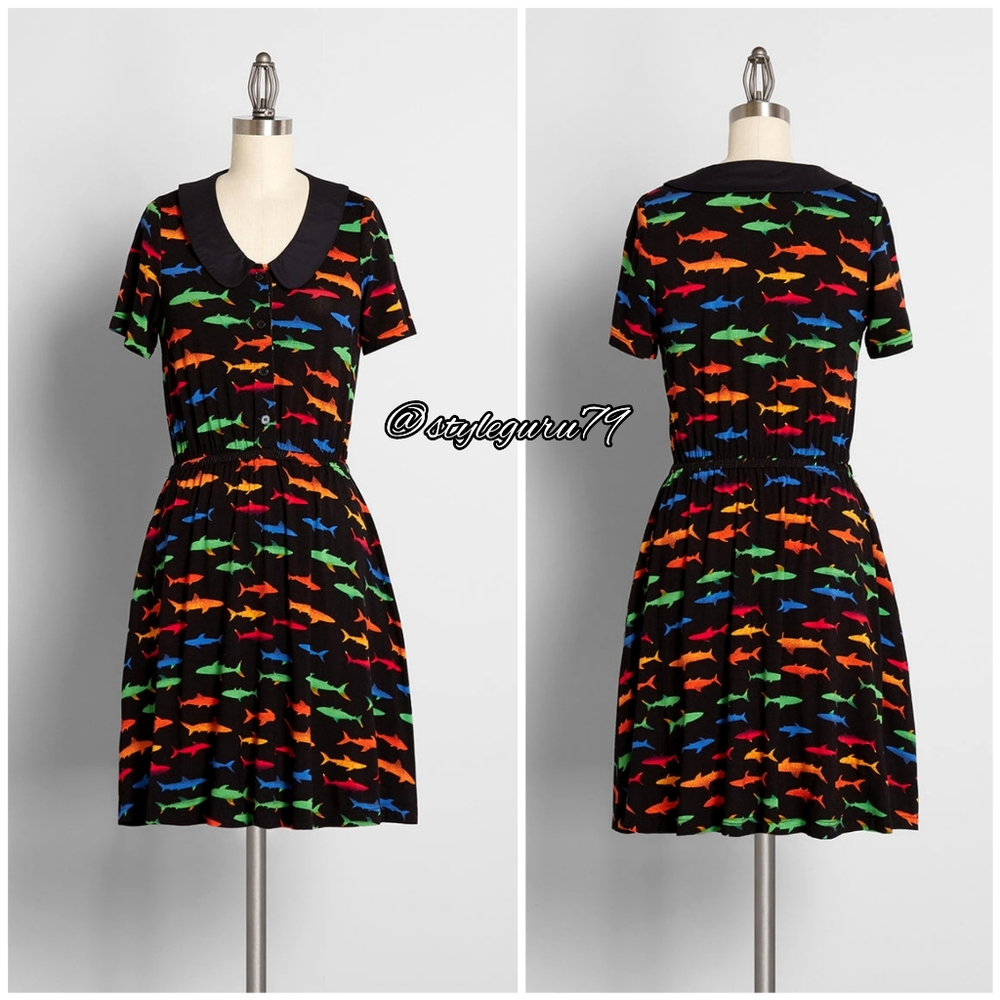 NWT, Modcloth, Sweet Shiver of Sharks Rainbow Fish Collared Dress